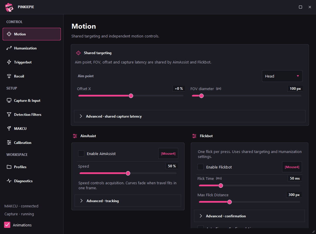 PinkiePie Windows app showing Motion settings and the MAKCU, Profiles and Diagnostics navigation