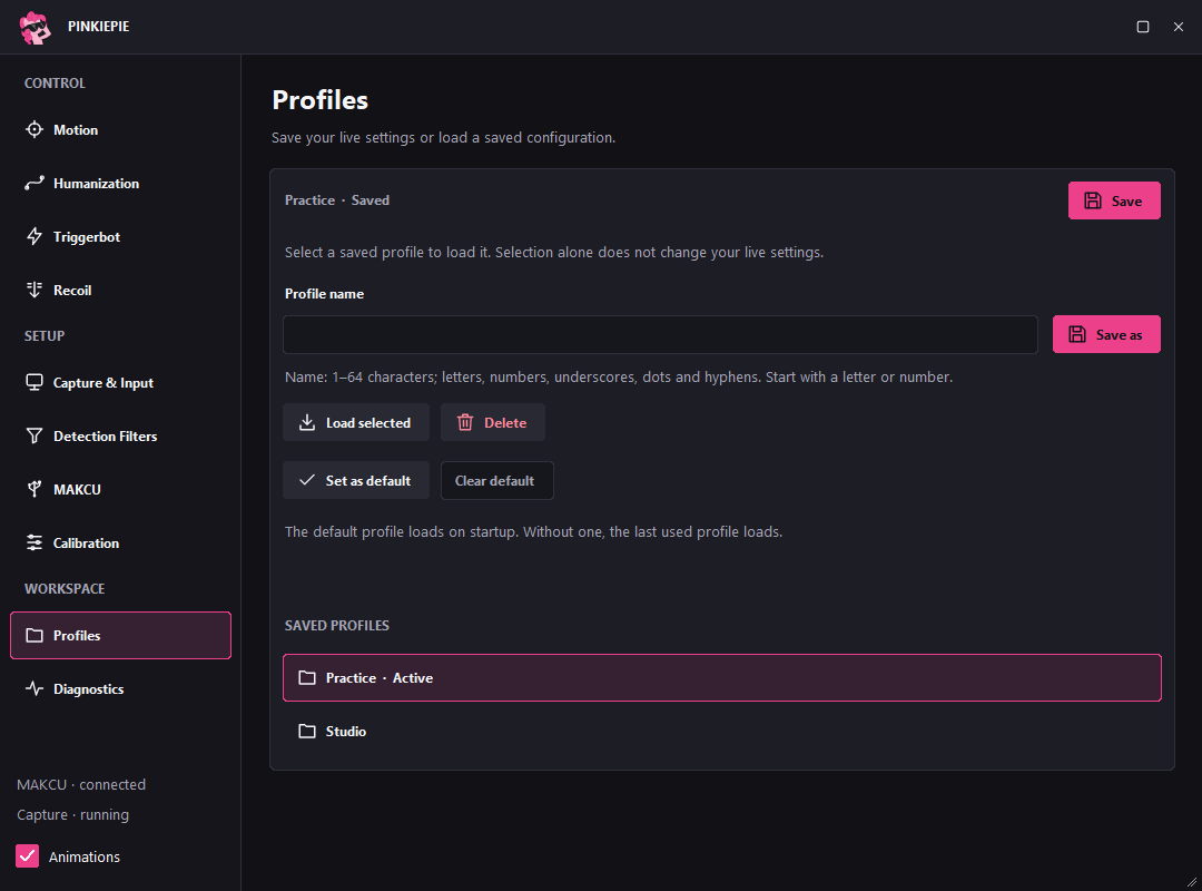 PinkiePie Profiles page with saved configurations and the Set Default control